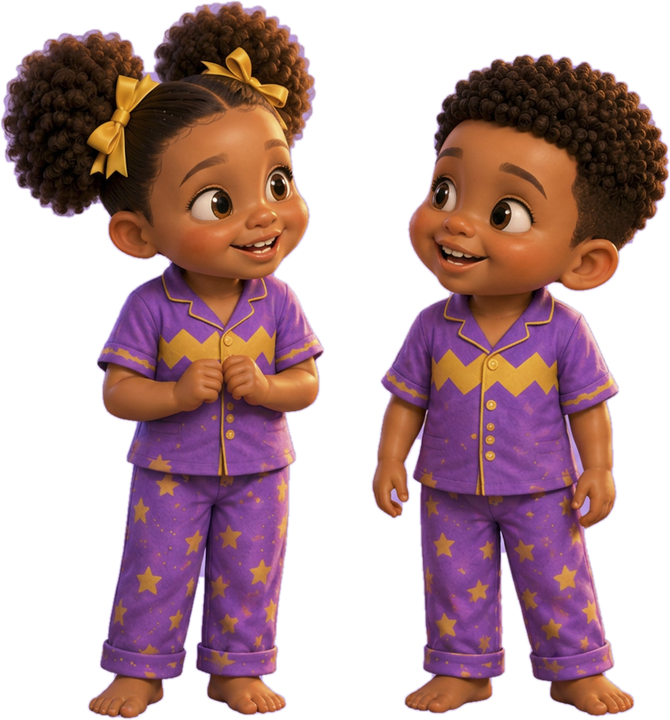 Amara and Kofi, two young siblings in matching purple and gold pajamas, smiling at each other